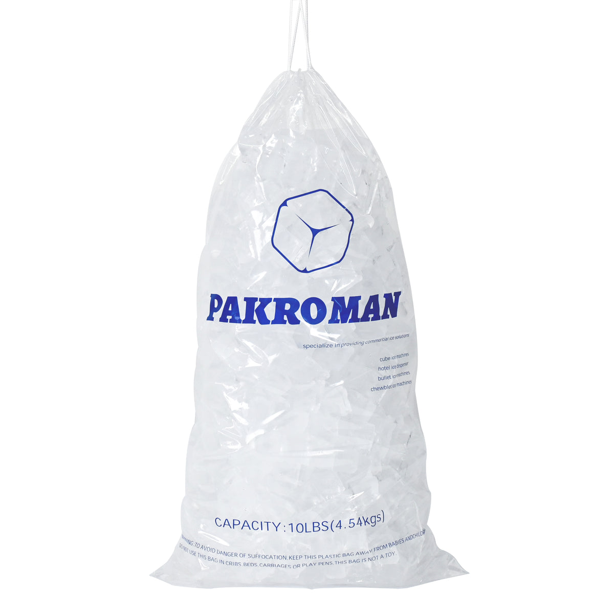 PAKROMAN LDPE Plastic Ice Bags, 10 lbs Capacity, Heavy-Duty, 21" x 12", with Drawstring Closure, 2 Mils Thickness